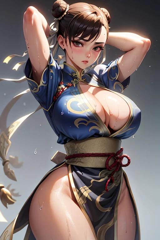 masterpiece,Highest quality, Unreal Engine, Super Resolution, Very detailed,
1 Girl, Waist, thin, (Muscular:0.8)
Round Breasts, Big Breasts, bold, Lips parted, Observe the audience,
Are standing, sexy pose
Waist shot,
Simple background anime style, Key Visual,
Hair Bun, Blue Chinese clothing, Chunli, Street Fighter,Sticky with sweat,Clothes are also wet,