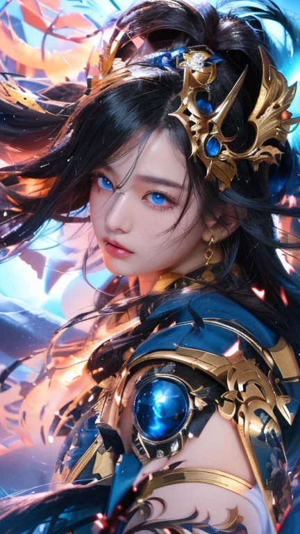 (Get closer to the face, Make your face bigger, Face Focus:1.0),Face close-up,(Best Quality, High resolution, Realistic:1.37), Super detailed, Extremely fine resolution, (Symmetrical eyes:1.3), Female Commander,(Black Hair,blue eyes:1.1),long hair,break, fierce々New Warriors, Ancient battlefields, god々Warriors of, epic showdown, Intense power, Historical Wars, Dramatic lighting, god秘的なオーラ, god聖な武器, god話の戦場, Legendary battles, Heroic champions, Fearless Warrior, Ancient legends, roar, Victory and glory, Immersive atmosphere, Epic combat, Great scene, god話の戦士,, Cinematic composition, intense energy, god話の英雄, god話上の生き物, Fierce determination, Great action, Dynamic pose, Monumental collision, Graceful beauty, god話の世界, god話の力, god力の介入,