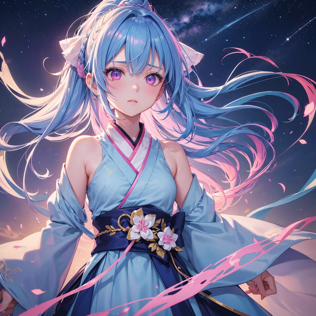 Sky blue hair, Braided Ponytail,(Pink Eyes),Fair skin ,(whole body),(One girl),Hanfu,Tanabata,(The beautiful, sparkling Milky Way in the night sky),Hollow Eyes,Straight bangs,(masterpiece, Highest quality, Very detailed, Best Shadow), (Detailed Background), (Beautifully detailed face), High Contrast, (Best lighting, Very delicate and beautiful), ((Cinematic Light)), colorful, Hyper Detail, Dramatic Light, Intricate details,