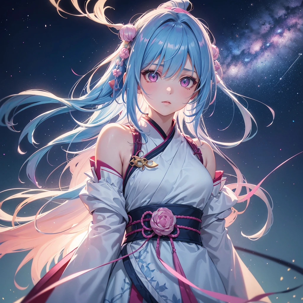 Sky blue hair, Braided Ponytail,(Pink Eyes),Fair skin ,(whole body),(One girl),Hanfu,Tanabata,(The beautiful, sparkling Milky Way in the night sky),Hollow Eyes,Straight bangs,(masterpiece, Highest quality, Very detailed, Best Shadow), (Detailed Background), (Beautifully detailed face), High Contrast, (Best lighting, Very delicate and beautiful), ((Cinematic Light)), colorful, Hyper Detail, Dramatic Light, Intricate details,