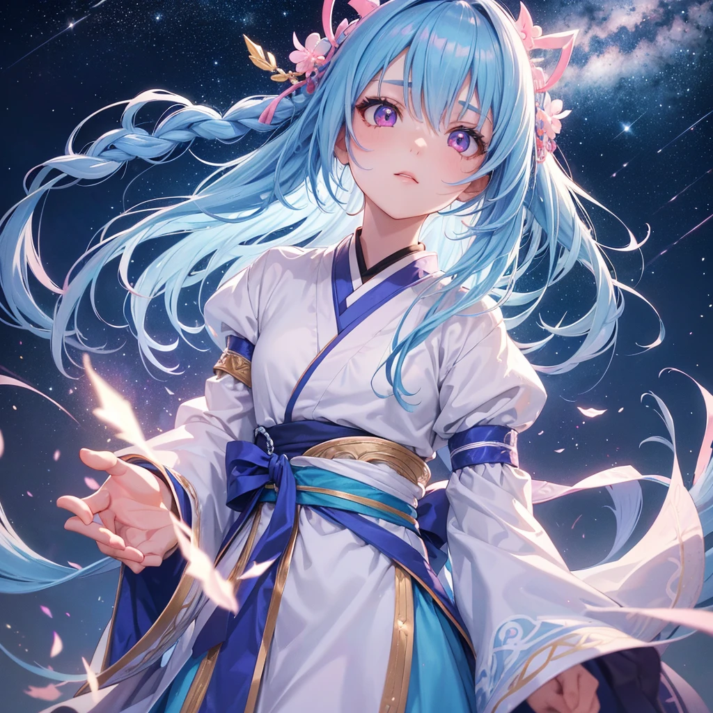 Sky blue hair, Braided Ponytail,(Pink Eyes),Fair skin ,(whole body),(One girl),Hanfu,Tanabata,(The beautiful, sparkling Milky Way in the night sky),Hollow Eyes,Straight bangs,(masterpiece, Highest quality, Very detailed, Best Shadow), (Detailed Background), (Beautifully detailed face), High Contrast, (Best lighting, Very delicate and beautiful), ((Cinematic Light)), colorful, Hyper Detail, Dramatic Light, Intricate details,