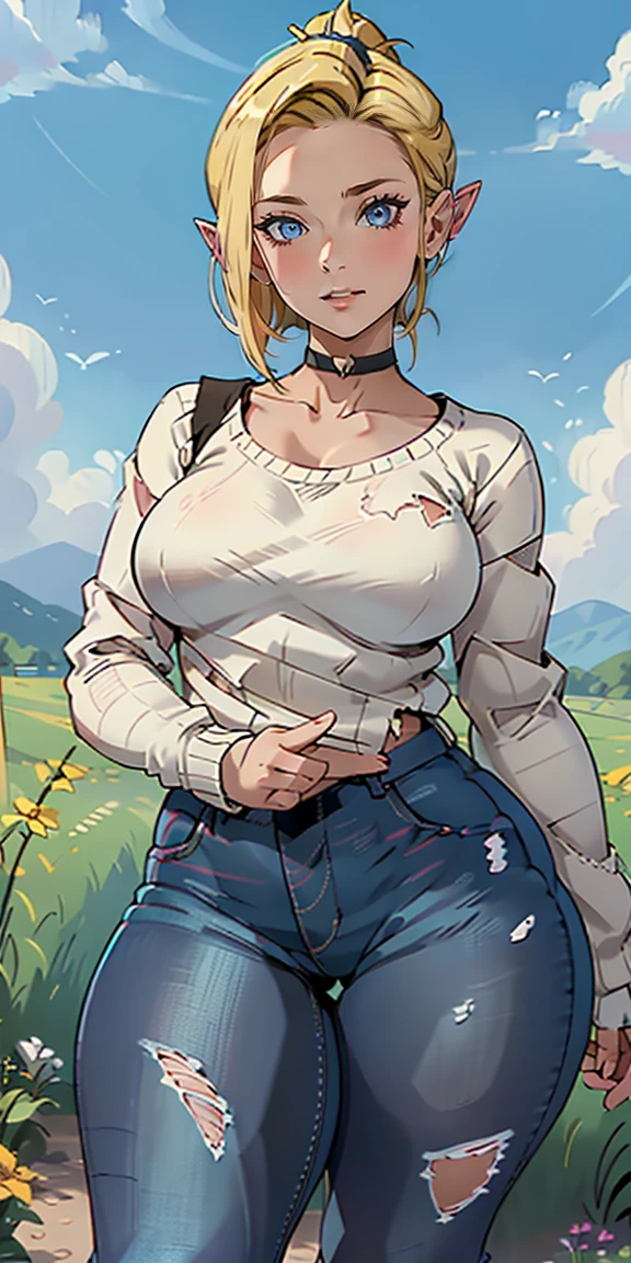 masterpiece, best quality, highres, ((Slim thicc waifu:1.3)), large breasts, elf, yellow eyes, blonde hair in short high ponytail, (black choker), (White sweater), jewelry, (ripped skinny jeans), long sleeves, cowboy shot, standing, field, smile, hands on face, hearts