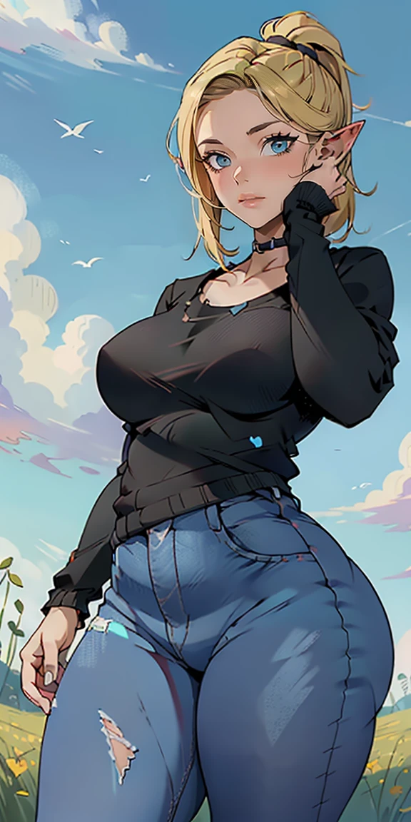 masterpiece, best quality, highres, ((Slim thicc waifu:1.3)), large breasts, elf, yellow eyes, blonde hair in short high ponytail, (black choker), (White sweater), jewelry, (ripped skinny jeans), long sleeves, cowboy shot, standing, field, smile, hands on face, hearts