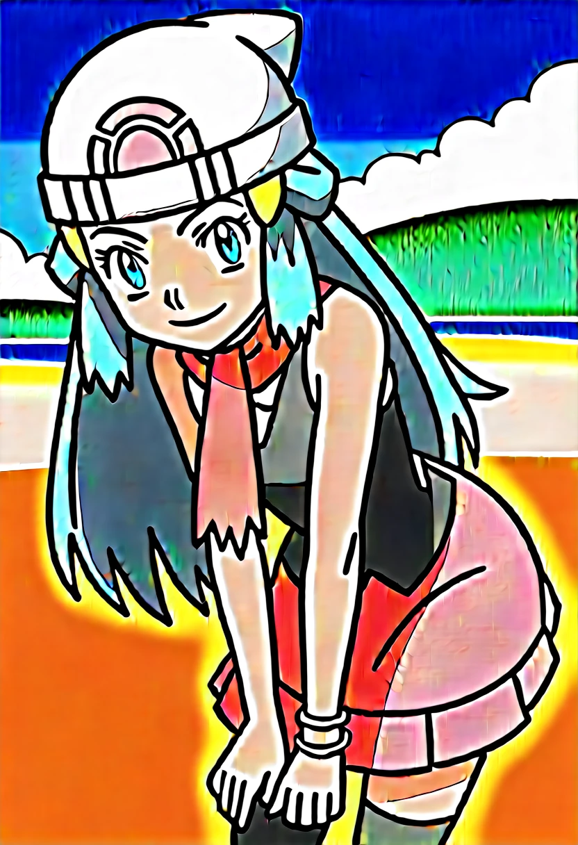 score_9, score_8_up, score_7_up, source_anime, pokemondawn, pokemon dawn, black hair, blue eyes, sidelocks, long hair,, bare shoulders, beanie, black shirt, black socks, bracelet, hat, jewelry, kneehighs, miniskirt, pink skirt, red scarf, scarf, shirt, skirt, sleeveless, sleeveless shirt, white headwear,, landscape, bent over, smile, looking at viewer, solo, cowboy shot, dutch angle
