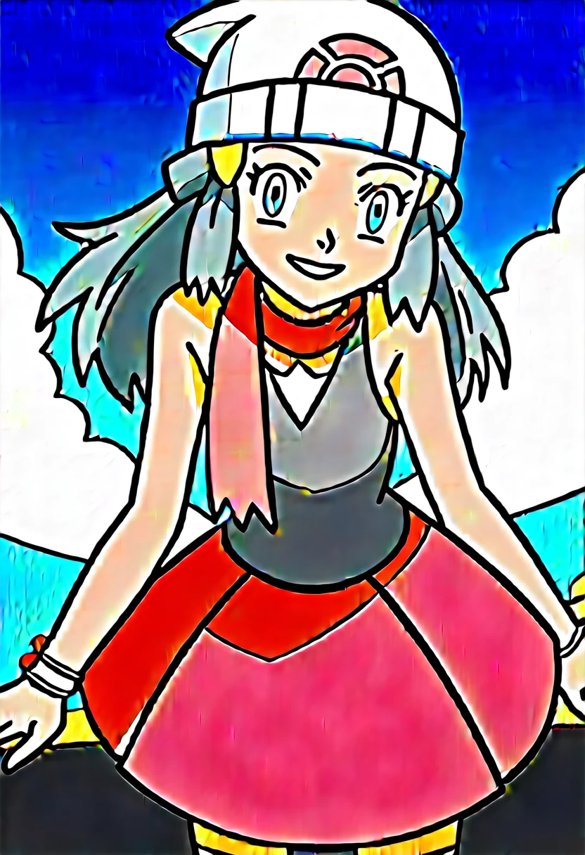 score_9, score_8_up, score_7_up, source_anime, pokemondawn, pokemon dawn, black hair, blue eyes, sidelocks, long hair,, bare shoulders, beanie, black shirt, black socks, bracelet, hat, jewelry, kneehighs, miniskirt, pink skirt, red scarf, scarf, shirt, skirt, sleeveless, sleeveless shirt, white headwear,, landscape, bent over, smile, looking at viewer, solo, cowboy shot, dutch angle