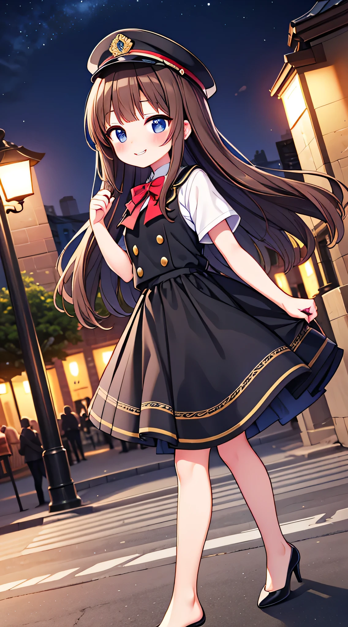 {Highest quality}, {Super beautiful},{Ultra fine},{Best illustration},Brown Hair,Hime cut,semi-long,Bangs,Standing Woman,Uniform cap,White Shirt,Short sleeve,Long black skirt,Night Park,Embarrassed,smilingly,Blushing,Slender women, A woman wearing plain black pumps,Bare feet and pumps,From an angle,From above