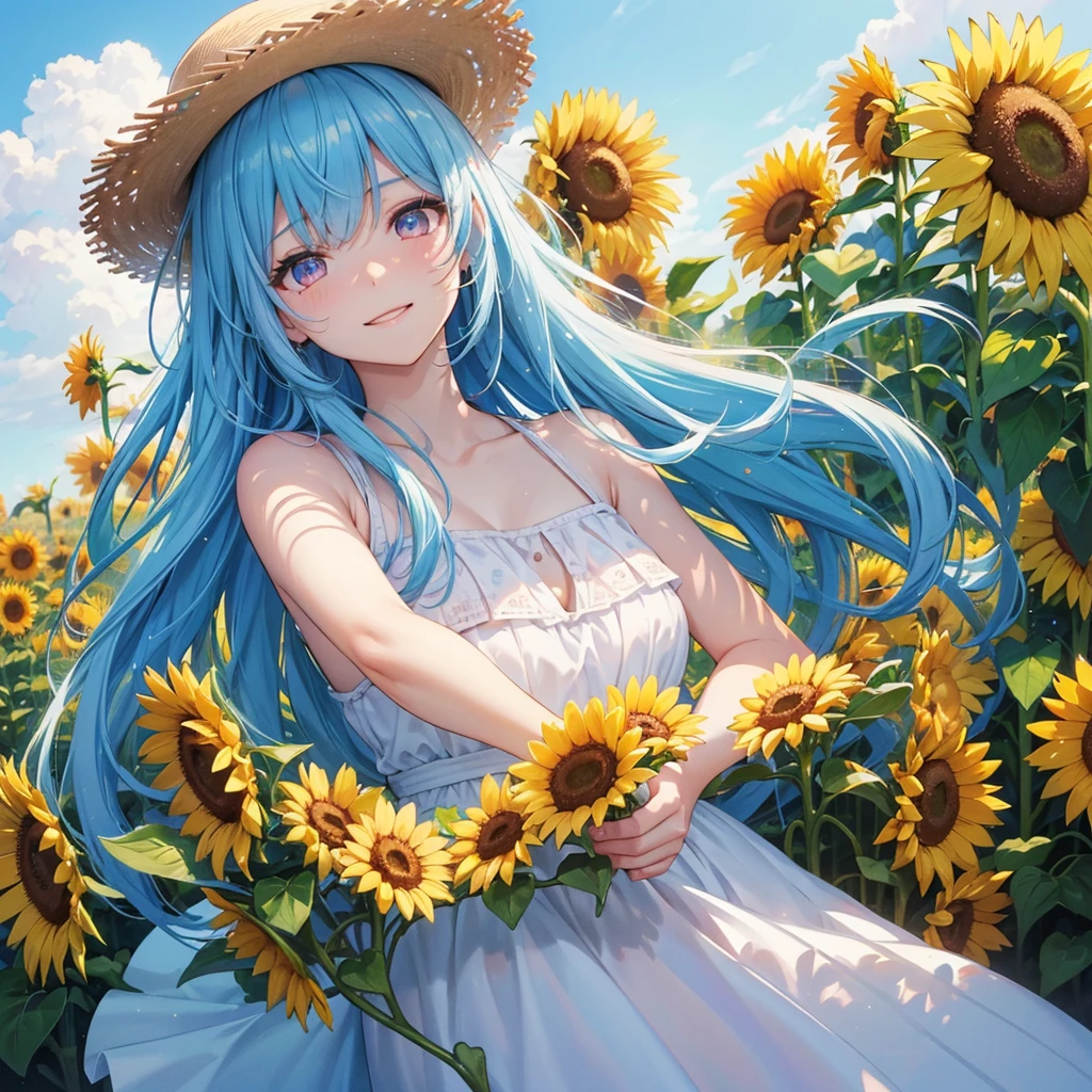 Sky blue hair, Braided Ponytail,(Pink Eyes),Fair skin ,(whole body),(One girl),summer,Sunflower field,White dress,Straight bangs,Happy smile,Straw hat,(masterpiece, Highest quality, Very detailed, Best Shadow), (Detailed Background), (Beautifully detailed face), High Contrast, (Best lighting, Very delicate and beautiful), ((Cinematic Light)), colorful, Hyper Detail, Dramatic Light, Intricate details,summerの暑い日差し,