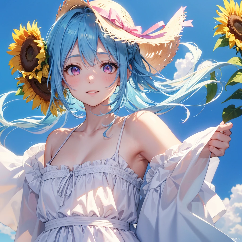 Sky blue hair, Braided Ponytail,(Pink Eyes),Fair skin ,(whole body),(One girl),summer,Sunflower field,White dress,Straight bangs,Happy smile,Straw hat,(masterpiece, Highest quality, Very detailed, Best Shadow), (Detailed Background), (Beautifully detailed face), High Contrast, (Best lighting, Very delicate and beautiful), ((Cinematic Light)), colorful, Hyper Detail, Dramatic Light, Intricate details,summerの暑い日差し,