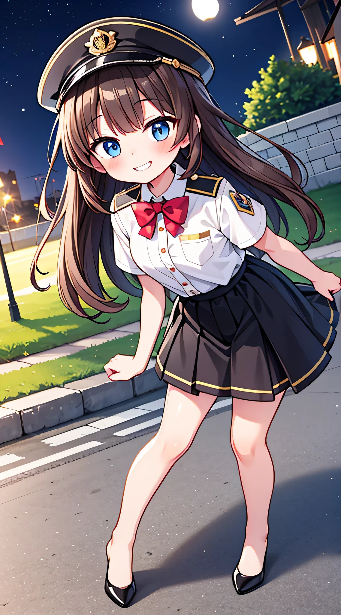 {Highest quality}, {Super beautiful},{Ultra fine},{Best illustration},Brown Hair,Hime cut,semi-long,Bangs,Standing Woman,Uniform cap,White Shirt,Short sleeve,Long black skirt,Night Park,Embarrassed,smilingly,Blushing,Slender women, A woman wearing plain black pumps,Bare feet and pumps,From an angle,From above
