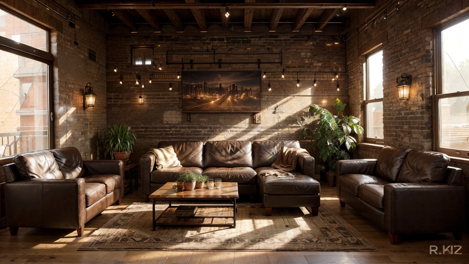 a rustic industrial living room, warm earthy tones, natural sunlight, cozy furniture, wooden beams, exposed brick walls, potted plants, warm lighting, leather sofa, knit blankets, vintage decor, detailed textures, atmospheric mood, serene atmosphere, high quality, photorealistic, 8k
