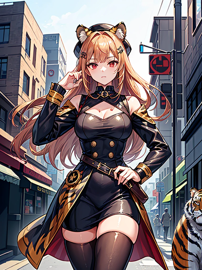 ((masterpiece, Highest image quality, highest quality, highly detailed unity 8k wallpaper))), ((Illustration of one girl)), ((beautiful girl))), ((Bronze hair, long hair, straight, red eyes)), ((Men: 1.2, hat with cat ears, tiger patterned clothes)), (steampunk, 19th street corner of the century)