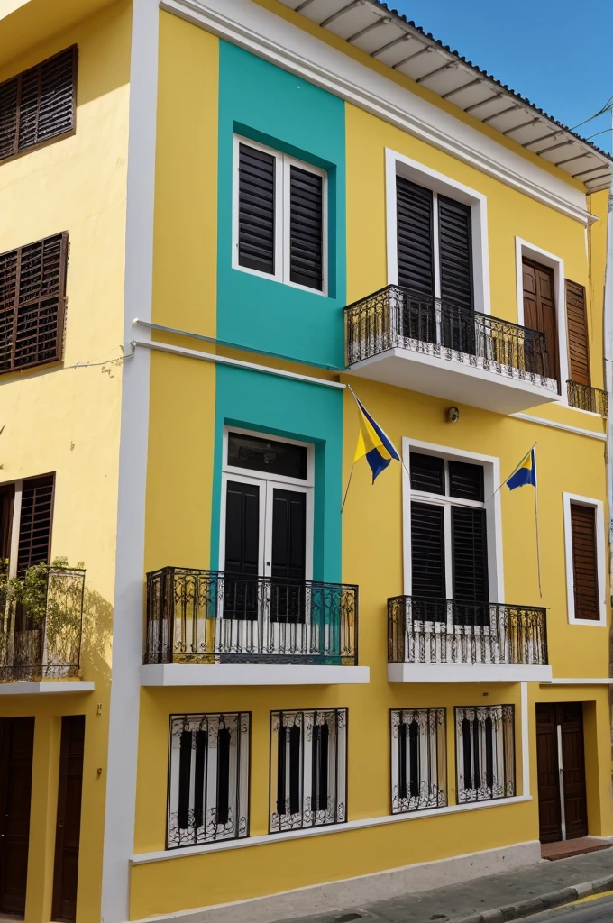 Facade of modern house wrapped in the Colombian flag and decorated with the colors of the Colombian flag.