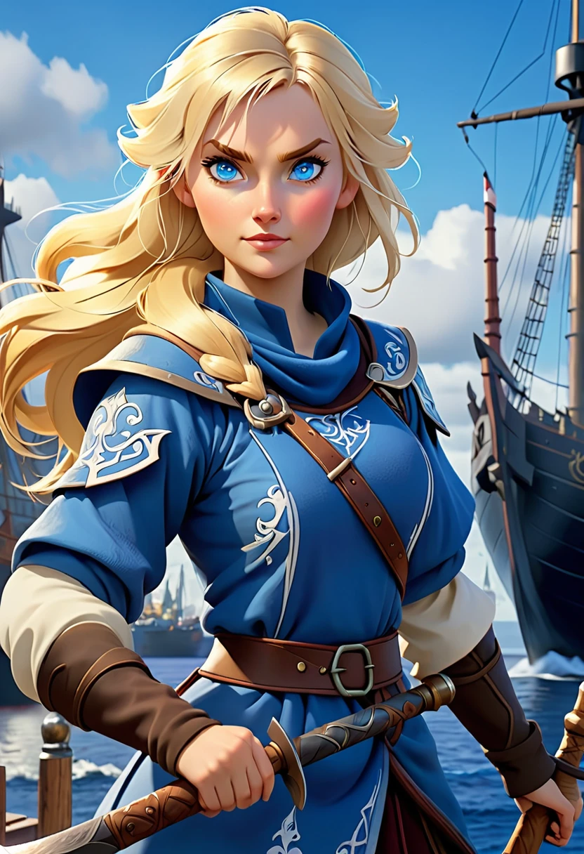 a human female mage nordic women. with a short axe. she has blonde hair and blue eyes. in teh background we see a harbor with ships.