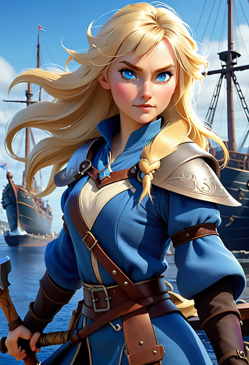 a human female mage nordic women. with a short axe. she has blonde hair and blue eyes. in teh background we see a harbor with ships.
