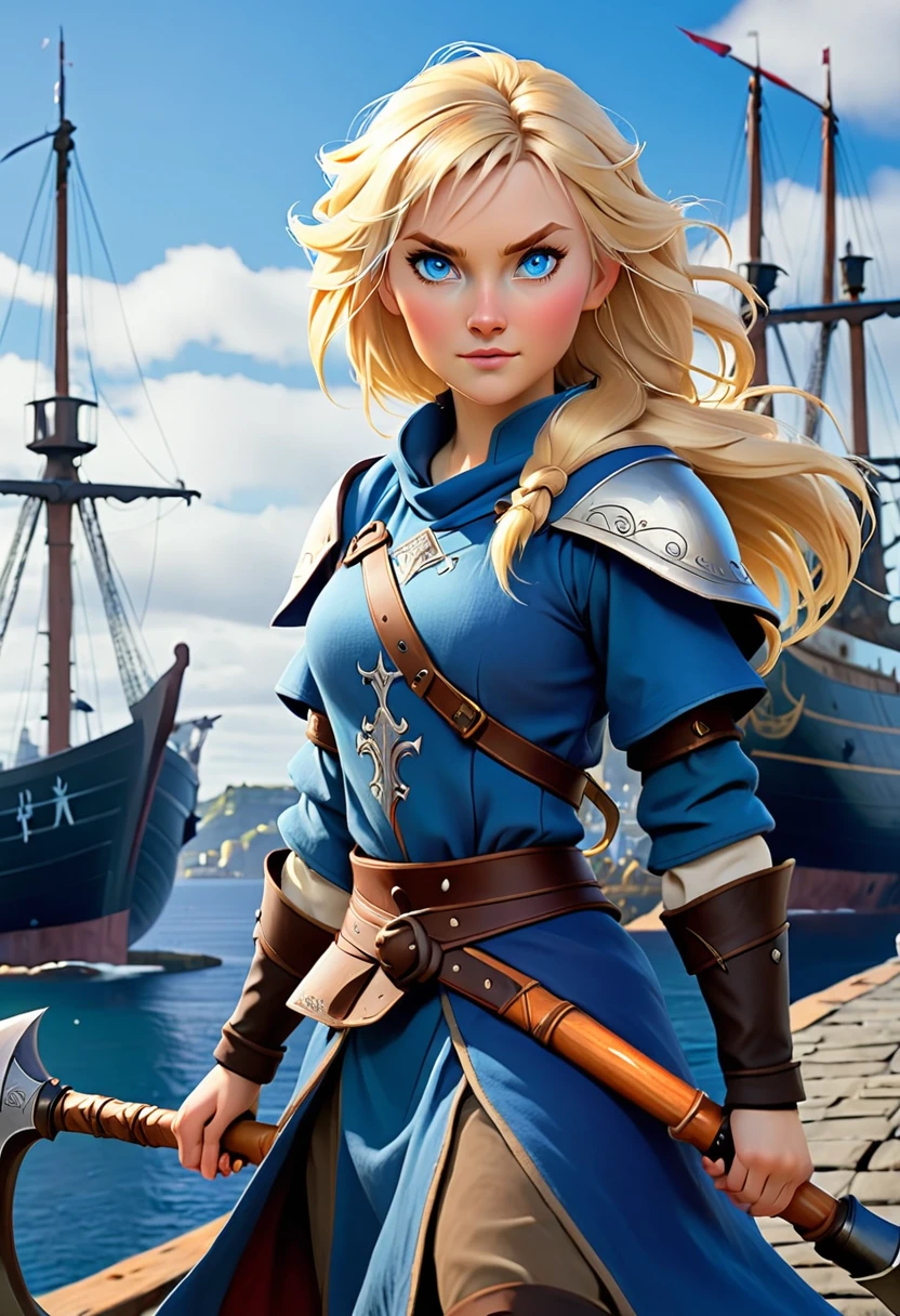 a human female mage nordic women. with a short axe. she has blonde hair and blue eyes. in teh background we see a harbor with ships.