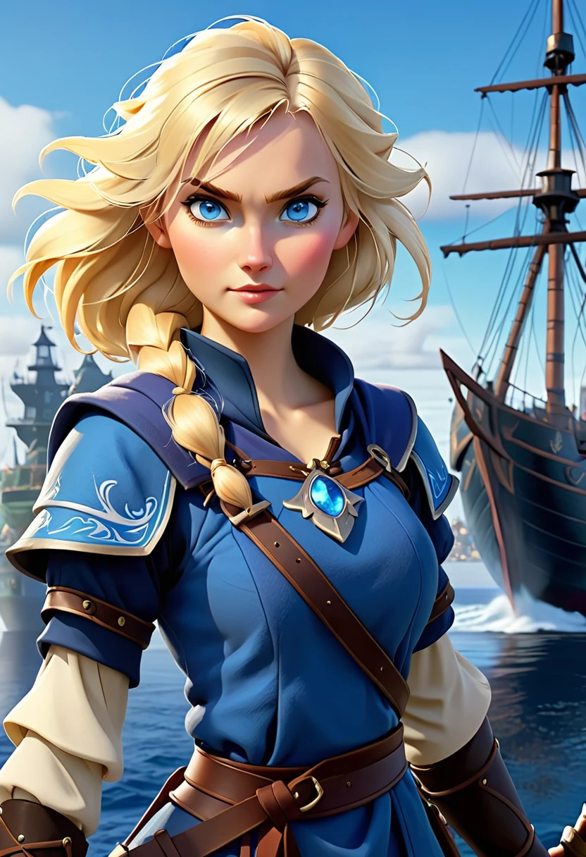 a human female mage nordic women. with a short axe. she has blonde hair and blue eyes. in teh background we see a harbor with ships.