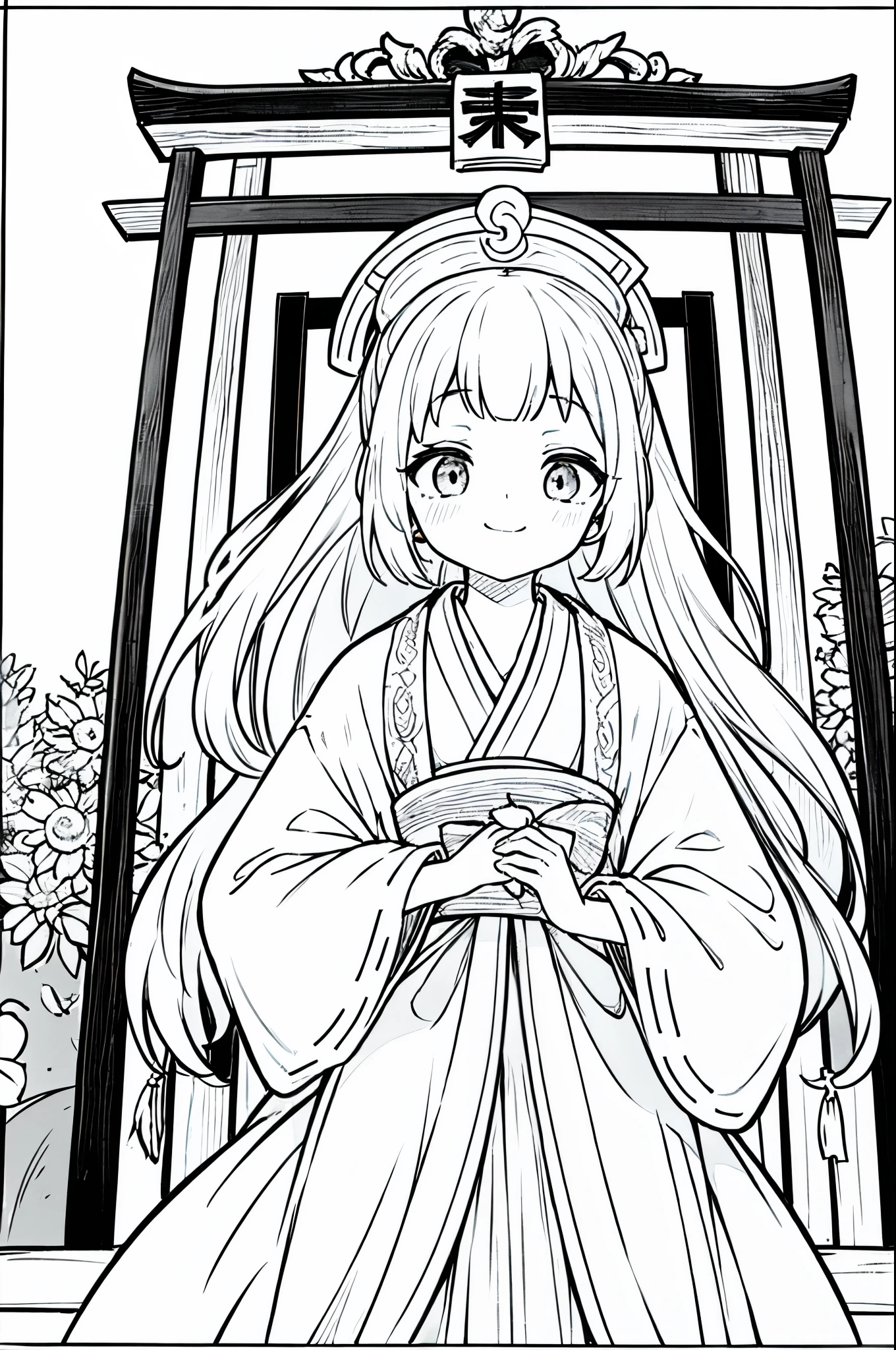 As a coloring book, the color should be black and white, the border should be simple, clear, and bold. A cheerful Asian girl with bright eyes and a mischievous smile is playfully posing in front of the iconic [Fushimi Inari-taisha Shrine] in Kyoto, Japan. She is dressed in a vibrant [kimono with fox pattern], the bold orange and white colors complementing the vermilion torii gates that line the path. The girl's hands are clasped in a playful gesture, and her hair is adorned with a traditional [kanzashi hair ornament].