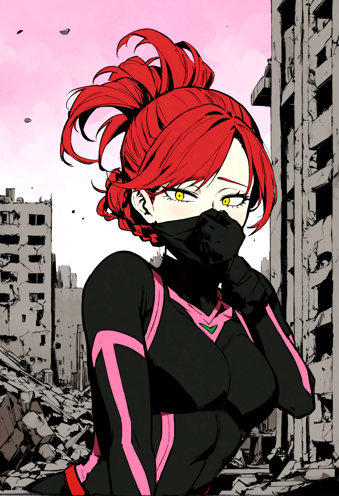 A female character. With the Boku no Hero Academia style. slanted eyes, w very strong yellow eyes. She wears an all-black jumpsuit, with pink details on the arms, that shines a pink light from the details of the uniform, a black ninja mask that covers your neck and entire face, covering the mouth, taking your eyes off, who has a serious and cold expression, updo hair hairstyle 1 braid, without bangs, and very strong red hair. With a destroyed city background, and she on top of the ruins of a building, in fighting power, just like spider man. 