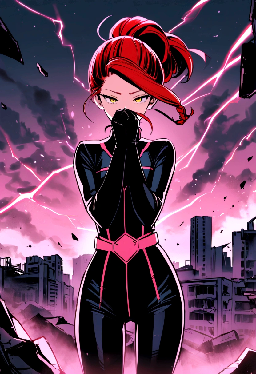 A female character. With the Boku no Hero Academia style. slanted eyes, w very strong yellow eyes. She wears an all-black jumpsuit, with pink details on the arms, that shines a pink light from the details of the uniform, a black ninja mask that covers your neck and entire face, covering the mouth, taking your eyes off, who has a serious and cold expression, updo hair hairstyle 1 braid, without bangs, and very strong red hair. With a destroyed city background, and she on top of the ruins of a building, in fighting power, just like spider man.