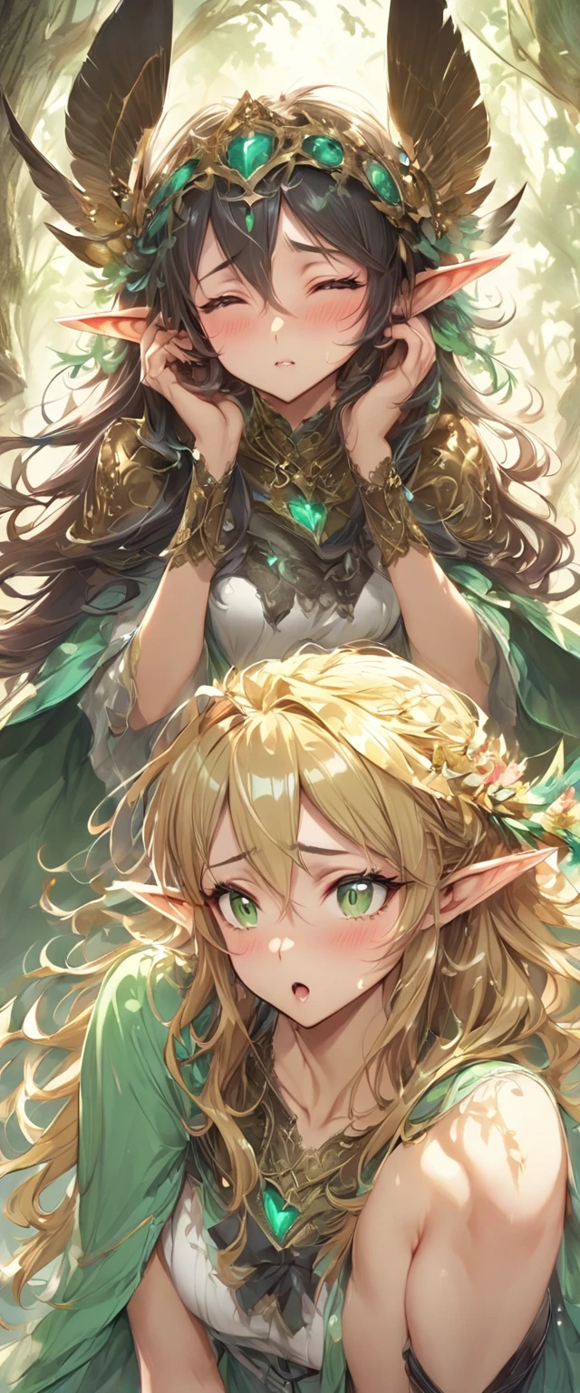 ((masterpiece)), ((best quality)), ((high resolution)), ((Extremely detailed CG unified 8k wallpaper)), ((On a branch deep in the forest:1.3)), ((Elf woman cartoon character, pointed elven ears, Blonde wavy hair, Green Eyes, just skin:1.2)), Cowboy shooting, Skin is moist and shiny, Wearing a flowing miniskirt and leather armor with gold embellishments, Long leather boots, ((Tilt your head, From the front:1.2)), ((squat)), 