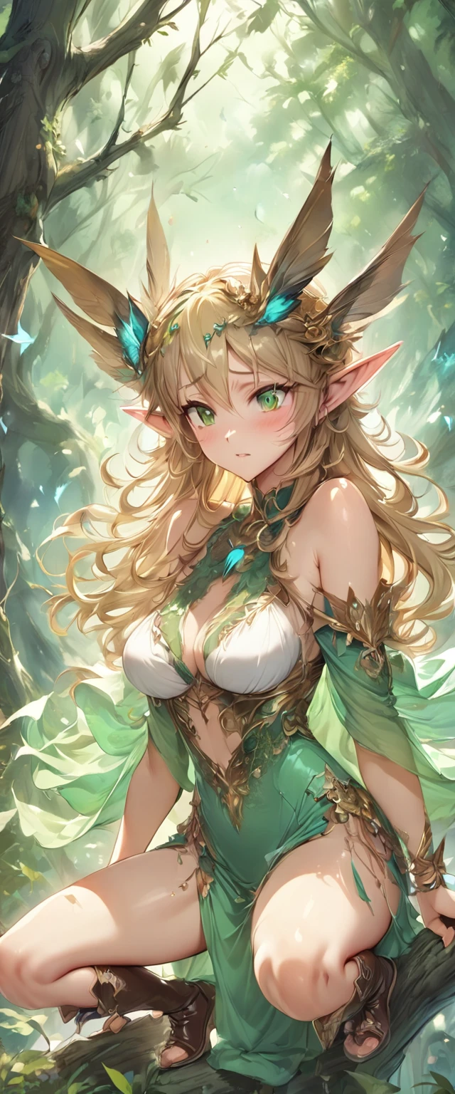 ((masterpiece)), ((best quality)), ((high resolution)), ((Extremely detailed CG unified 8k wallpaper)), ((On a branch deep in the forest:1.3)), ((Elf woman cartoon character, pointed elven ears, Blonde wavy hair, Green Eyes, just skin:1.2)), Cowboy shooting, Skin is moist and shiny, Wearing a flowing miniskirt and leather armor with gold embellishments, Long leather boots, ((Tilt your head, From the front:1.2)), ((squat)),