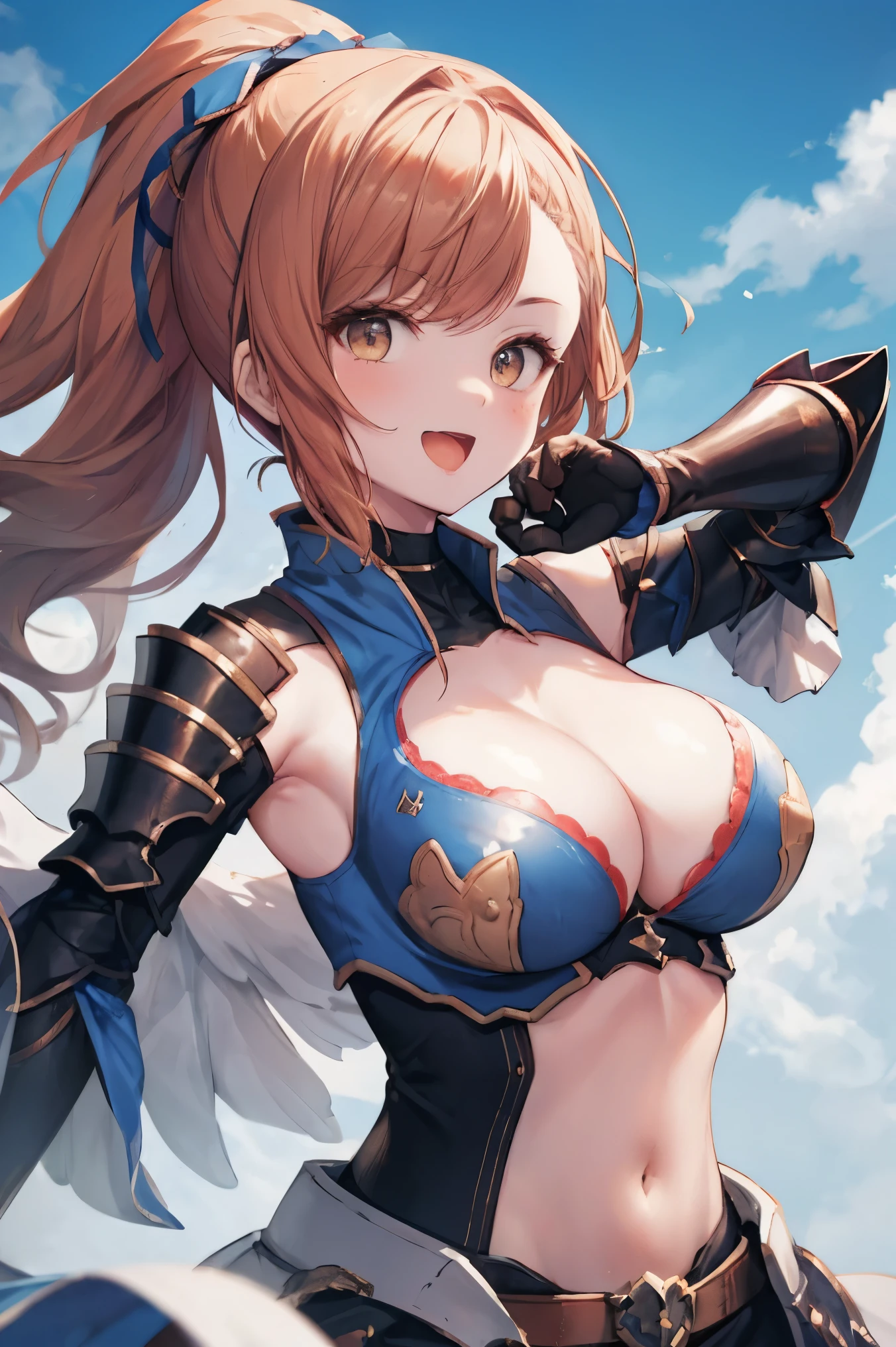 masterpiece, best quality, defbeatrix, ponytail, hair ribbon, gauntlets, blue shirt, gloves, cleavage cutout, looking at viewer, big_smile, large breasts, sky ,,happy,covered_nipples,young_,open_mouth,shout,full_of_beans,dynamic_posing, fighting,1long_sword,laugh,portrait,bust upshot,focus_neck