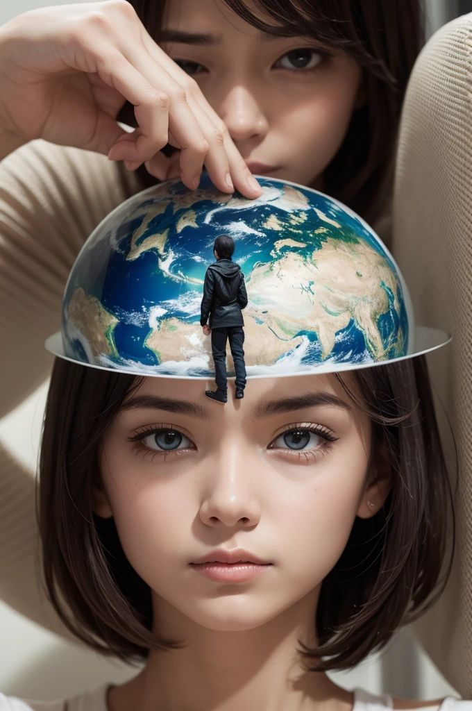 A middle school student with NO FACE holding earth facing to the right whilst crouching