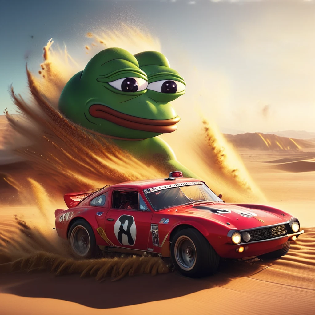 pepe the frog, race car, desert, big wave dust, highly detailed, 8k, realistic, volumetric lighting, cinematic composition, dynamic motion blur, dramatic shadows, vibrant colors, hyperrealistic