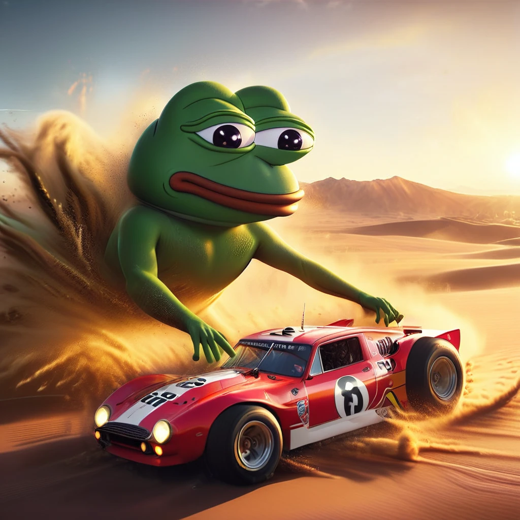 pepe the frog, race car, desert, big wave dust, highly detailed, 8k, realistic, volumetric lighting, cinematic composition, dynamic motion blur, dramatic shadows, vibrant colors, hyperrealistic