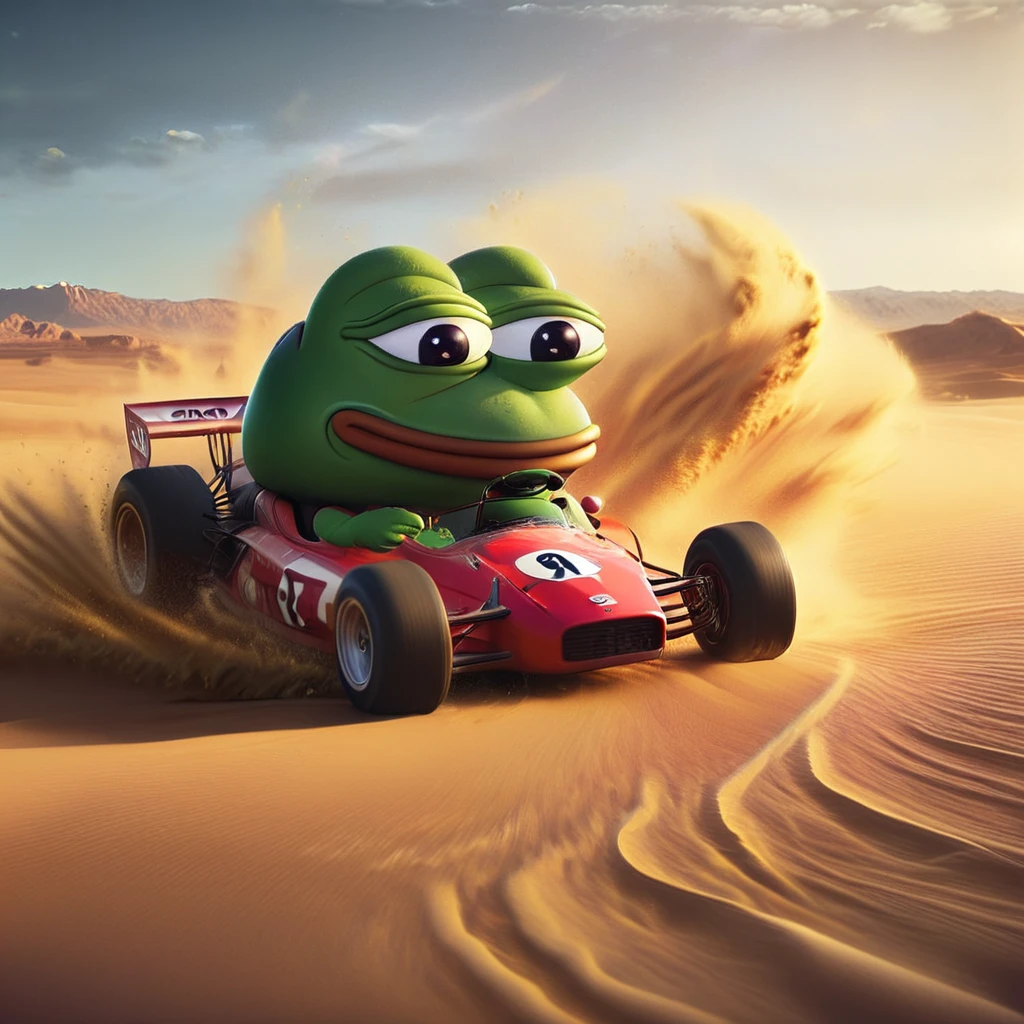 pepe the frog, race car, desert, big wave dust, highly detailed, 8k, realistic, volumetric lighting, cinematic composition, dynamic motion blur, dramatic shadows, vibrant colors, hyperrealistic