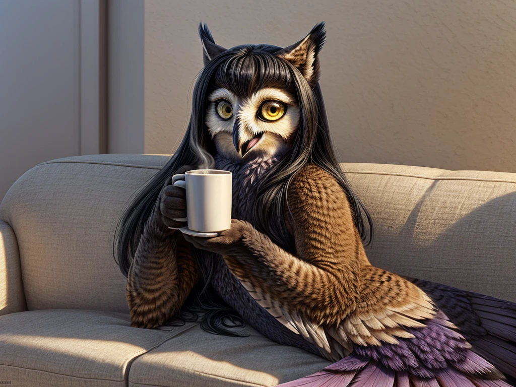 Solo, Female, species:owl, yellow eyes, (purple feathers), long hair, black hair, cute face, happy, full body, lounging on couch, relaxed, holding cup of coffee, realistic feathered body, realistic eyes