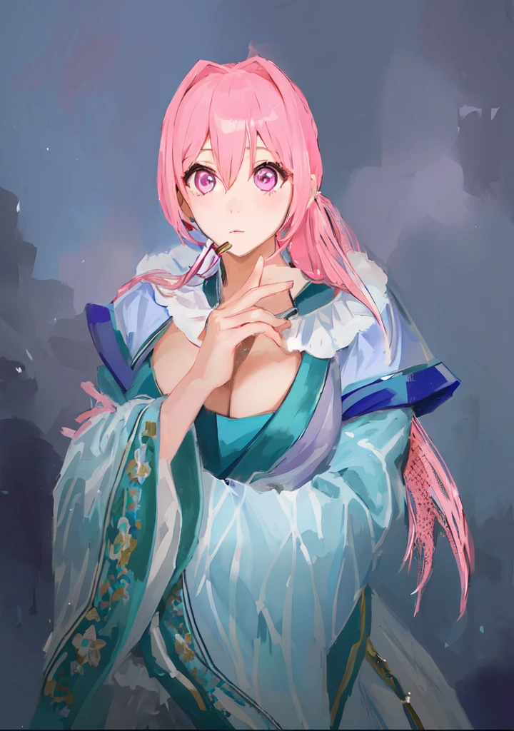 Pink Hair、Anime girl in blue dress poses for photo, Pink ponytail hair and pink eyes, Produced in collaboration with Anime Painter Studio, In the anime painter studio, Portrait of the Knights of the Zodiac,  Sonison，超级Sonison，Celluloid