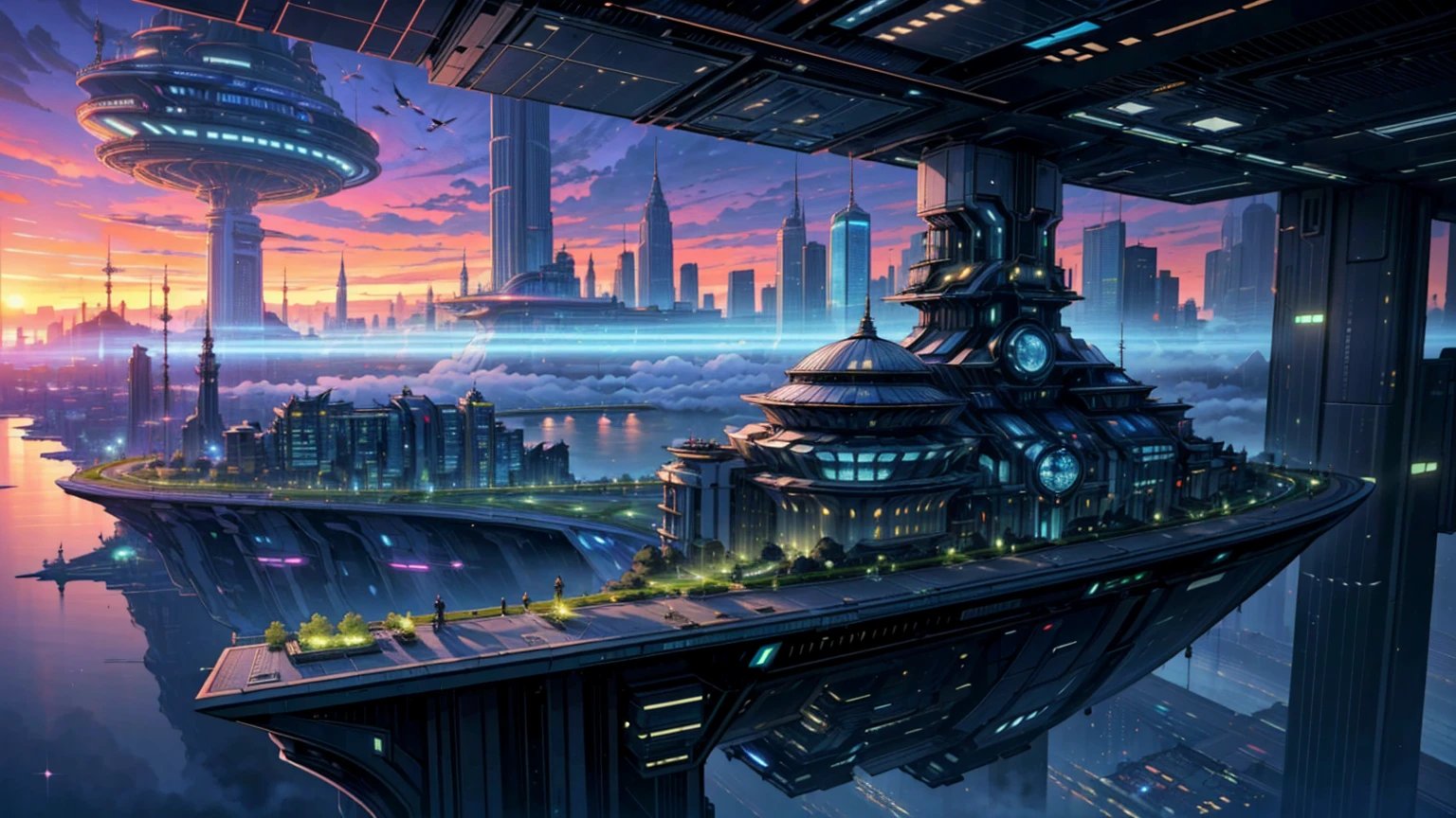 (Best quality,4K,8K,A high resolution,Masterpiece:1.2),Ultra-detailed,(Realistic,Photorealistic,photo-realistic:1.37),Futuristic floating city,Futuristic technology,Huge urban high-tech tablet platform,Airship,Floating in the sky,Futuristic city,Small airships around,High-tech hemispherical platform,Colorful lights,Advanced architecture,modernn architecture,skyscrapper,Access the cloud,Scenic beauty,view over city,Impressive design,Blend seamlessly with nature,energetic and vibrant atmosphere,Futuristic transportation system,Parking is suspended,Transparent path,Lush greenery,Sky gardens,cascading waterfalls,Magnificent skyline,reflections on the water,Sparkling river,Architectural innovation,futuristic skyscrapers,Transparent dome,The shape of the building is unusual,Elevated walkway,Impressive skyline,Glowing lights,Futuristic technology,Minimalist design,Scenic spots,Panoramic view,Cloud Piercing Tower,Vibrant colors,epic sunrise,epic sunset,Dazzling light display,magical ambiance,The future city,Urban Utopia,LuxuryLifestyle,Innovative energy,sustainable development,Smart city technology,Advanced infrastructure,Tranquil atmosphere,Nature and technology live in harmony,Awesome cityscape,Unprecedented urban planning,Architecture connects seamlessly with nature,High-tech metropolis,A cutting-edge engineering marvel,The future of urban living,Visionary architectural concept,Energy-efficient buildings,Harmony with the environment,A city floating above the clouds,Utopian dreams become reality,The possibilities are endless,State-of-the-art transportation network,Green energy integration,Innovative materials,Impressive holographic display,Advanced communication system,Breathtaking aerial view,Quiet and peaceful environment,Modernist aesthetics,Ethereal beauty