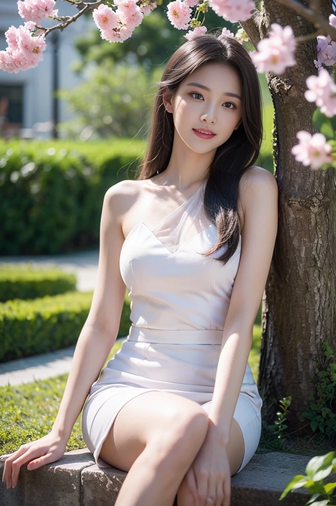 masterpiece, Excellent, daytime, outdoor, Falling Flowers, Branches, China人, China, 1 girl, Perfect Woman, Woman with long silver hair, Gray blue eyes, Light pink lips, Serious, ,Purple Eyes, White clothes, , Delicate face, Delicate face, Sitting Legs, Smile