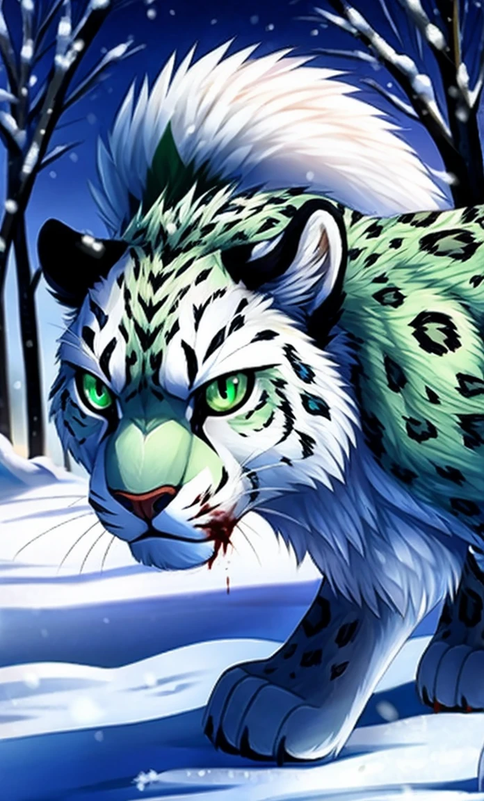 Snow leopard, white fur, emerald green eyes, killer, snow, blood, fierce, scary.