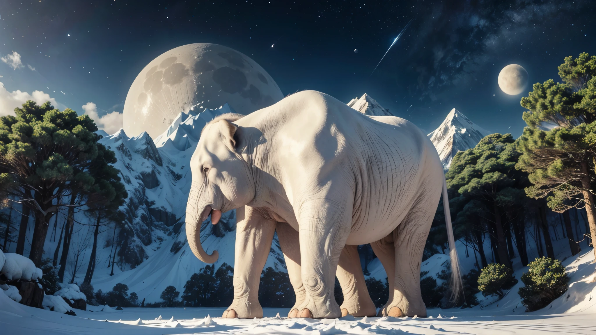 An uninhabited planet where there are two giant moons, large coconut-like trees with navy blue leaves, big snow mountains, and animals similar to white elephants and with soft, dense fur