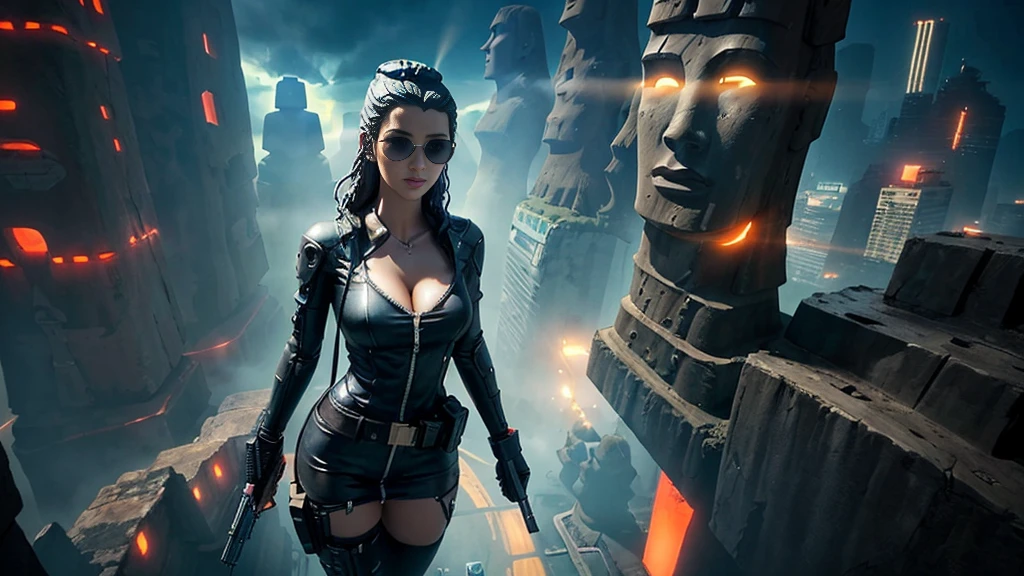 At night, dark sky, aerial view of fantasy cyberpunk style ((Moai-statue)) city, ((flying vehicle)). ((1girl, solo, alone)), photo realistic, medium-breast:1.1 slim body, cleavage, sexy clothes, (black sunglasses), (((hip-up standing and pistol aiming pose))), half-body thigh level medium shot, cinematic lighting.