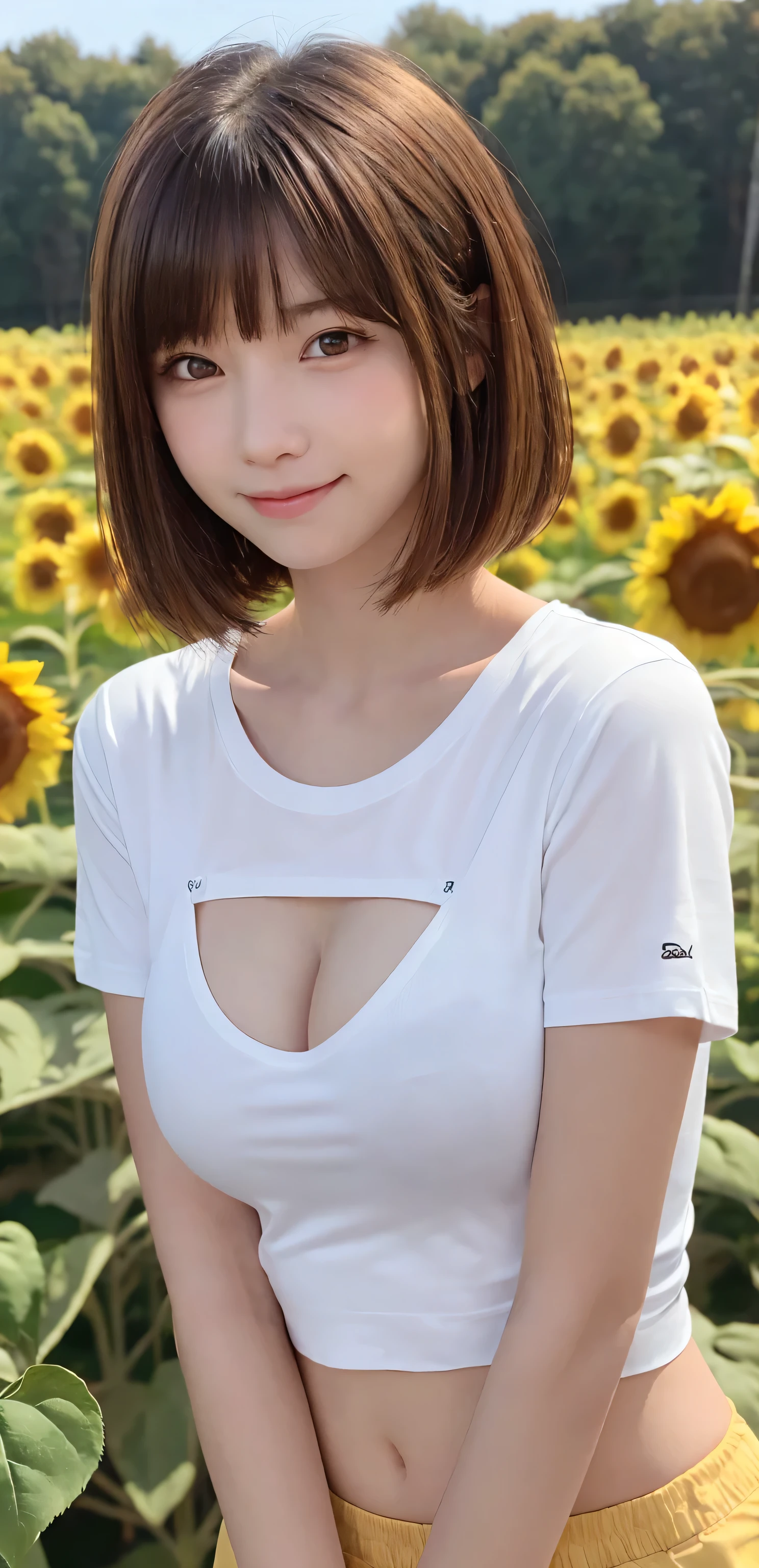 One Girl, (Beautiful girl, Delicate girl:1.3), (:1.3),
break, (Plain T-shirt:1.2),
break, (Sunflower field background:1.2),
break, smile, Very beautiful eyes, (Symmetrical eyes:1.3),
break, (Big Breasts:1.3), Brown eyes, Parted bangs, Brown bob cut hair, Round face, cute,
break, (Eye and facial details:1.0),
break, (masterpiece, Highest quality, Super detailed, Detailed face, 8K)