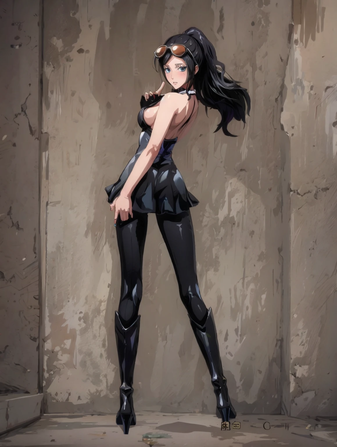 1girl, solo, boots, eyewear on head, black hair, dress, high heels, sunglasses, short dress, long hair, looking back, breasts, ponytail, nico robin, legs，medium_breasts，sideboob