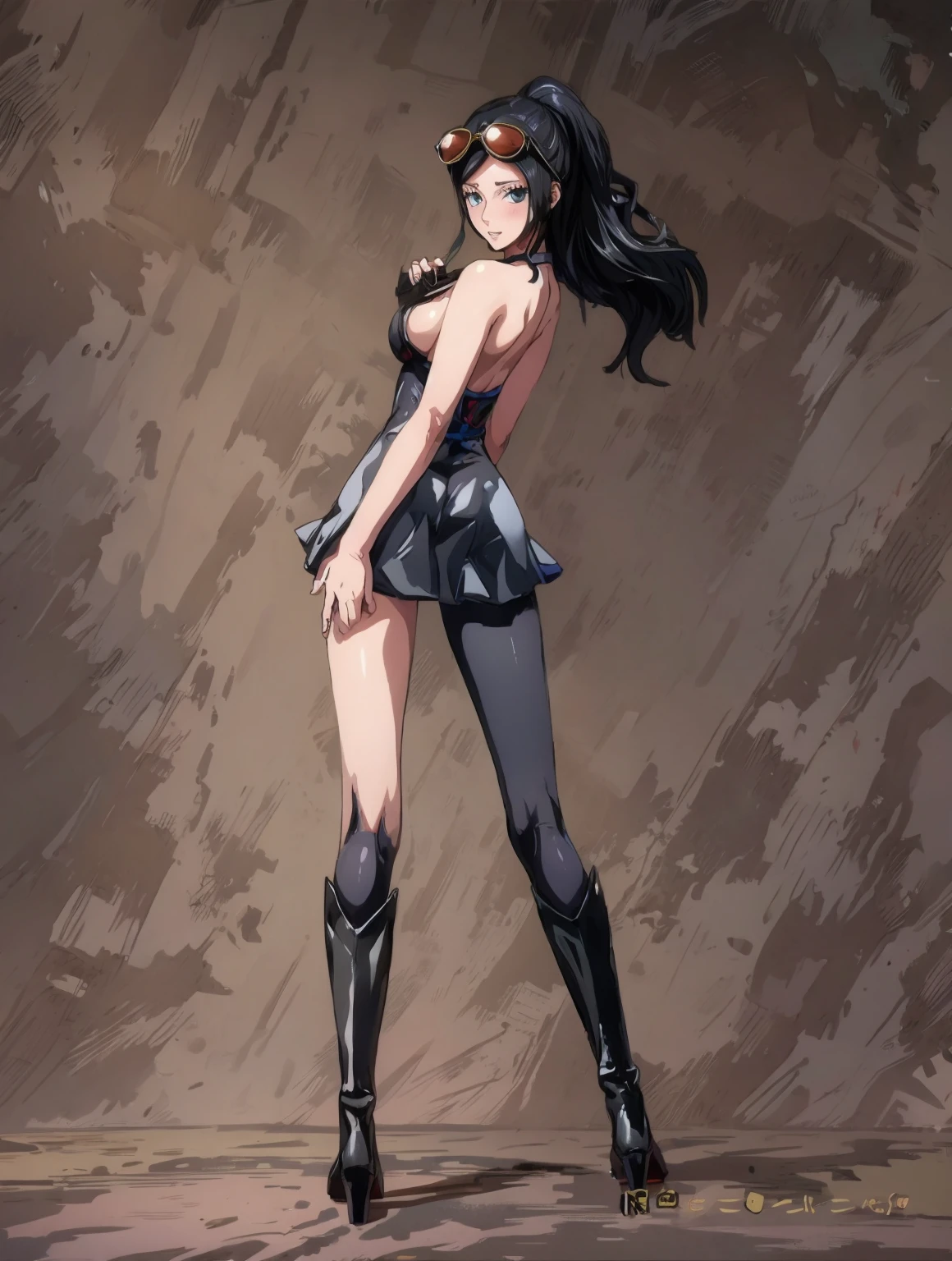 1girl, solo, boots, eyewear on head, black hair, dress, high heels, sunglasses, short dress, long hair, looking back, breasts, ponytail, nico robin, legs，medium_breasts，sideboob