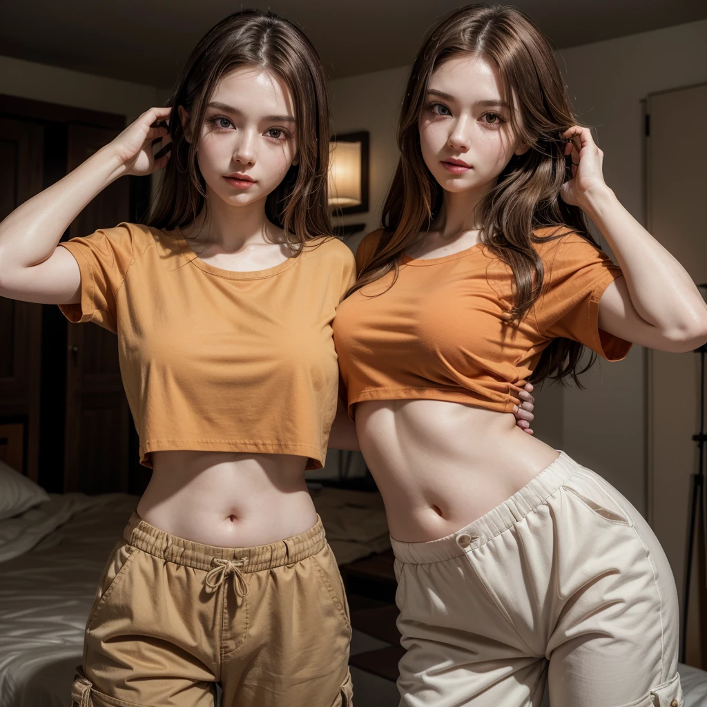 A beautiful young woman, in her late 20's, dimly lit room, candlelight, pale white skin, long light brown hair, orange eyes, wearing loose fitting brown cargo pants, wearing a red cropped t-shirt, exposed midriff, 8k UHD, extremely detailed, well lit