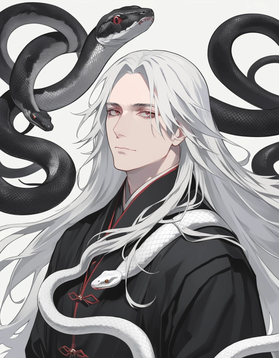A man with long white hair hovering over two black and white snakes.