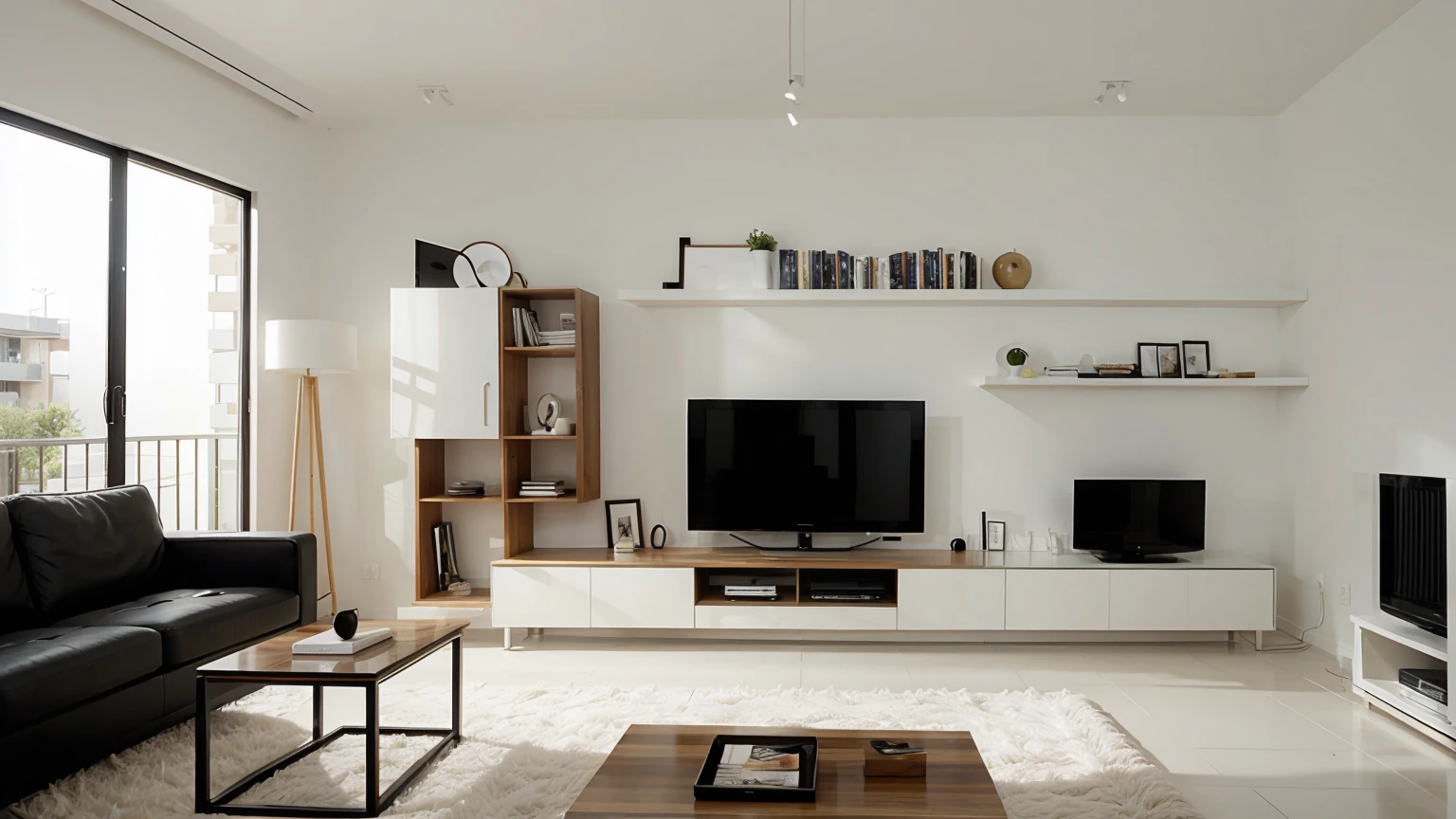 A Modern Minimalist Living Room With TV Unit And Bookshelf
