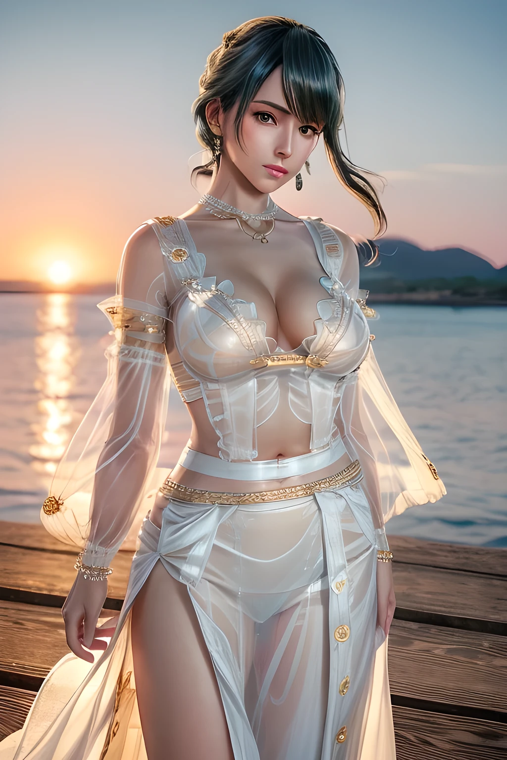 1girl,Tamaki,At sunset, the warm sunlight adds a golden hue to the scene. Wearing a flowing (white dress with transparent sleeves and a cinched waist: 1.4), blown by the breeze, and wearing earrings, she stands on the dock and looks at the sunset in the distance. The water is calm, with soft ripples, and the outline of the distant coastline can be vaguely seen in the background.(fashionable_Tattoos),(huge breasts),collarbone, cleavage,Detailed Hair,(Tattoos),(masterpiece:1.5),( best quality:1.4), ultra-detailed,(((realisetic))),8K,{ (photorealistic:1.37),movie soft light,