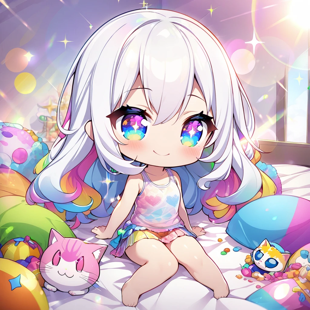 masterpiece, best quality, 4k、2D illustration、one beautiful girl、solo、(((chibi style)))、((vivid colors))、cute chibi、lovely chibi、long beautiful hair, glossy white hair, hair between eyes, cute、beautifully detailed eyes、((tank top))、((miniskirt))、((colorful))、((happy smile))、sitting on bed、((full body shot))、((kitten)), ((lots of colorful stuff around))、((bed))、sparkle、((lens flare))、