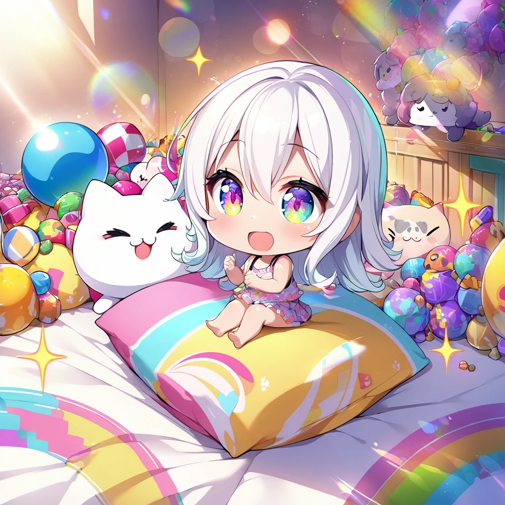 masterpiece, best quality, 4k、2D illustration、one beautiful girl、solo、(((chibi style)))、((vivid colors))、cute chibi、lovely chibi、long beautiful hair, glossy white hair, hair between eyes, cute、beautifully detailed eyes、((tank top))、((miniskirt))、((colorful))、((happy smile))、sitting on bed、((full body shot))、((kitten)), ((lots of colorful stuff around))、((bed))、sparkle、((lens flare))、