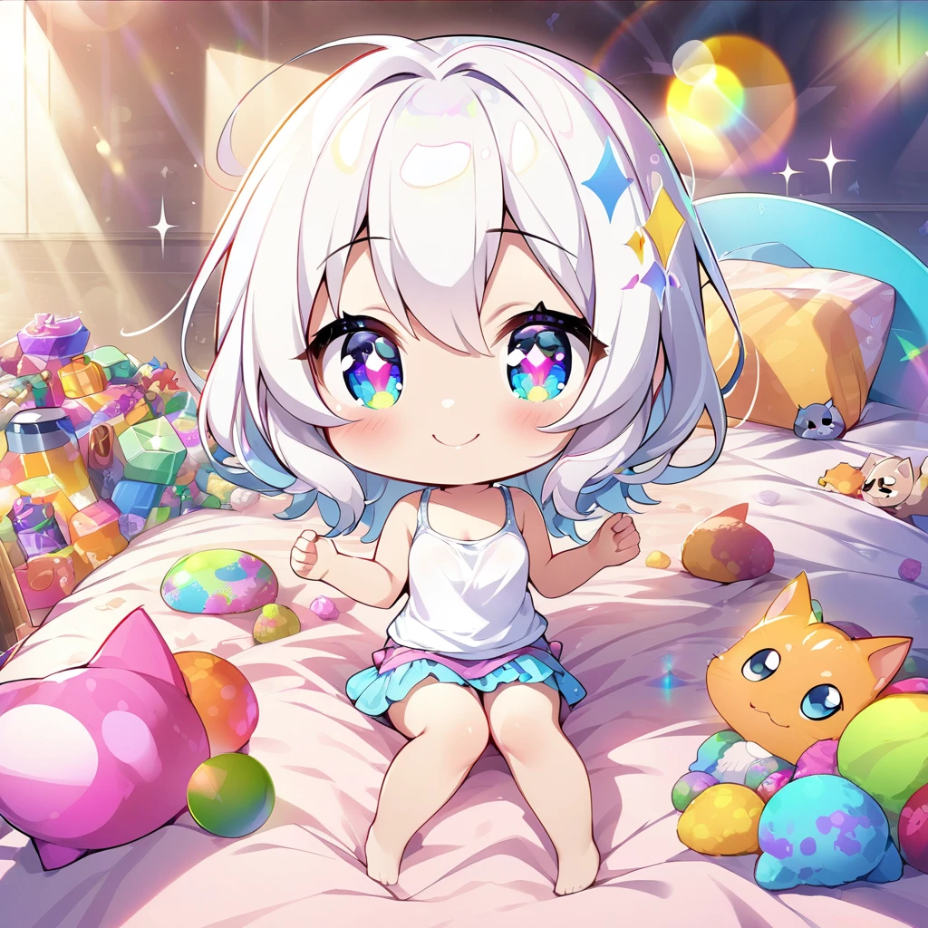 masterpiece, best quality, 4k、2D illustration、one beautiful girl、solo、(((chibi style)))、((vivid colors))、cute chibi、lovely chibi、long beautiful hair, glossy white hair, hair between eyes, cute、beautifully detailed eyes、((tank top))、((miniskirt))、((colorful))、((happy smile))、sitting on bed、((full body shot))、((kitten)), ((lots of colorful stuff around))、((bed))、sparkle、((lens flare))、