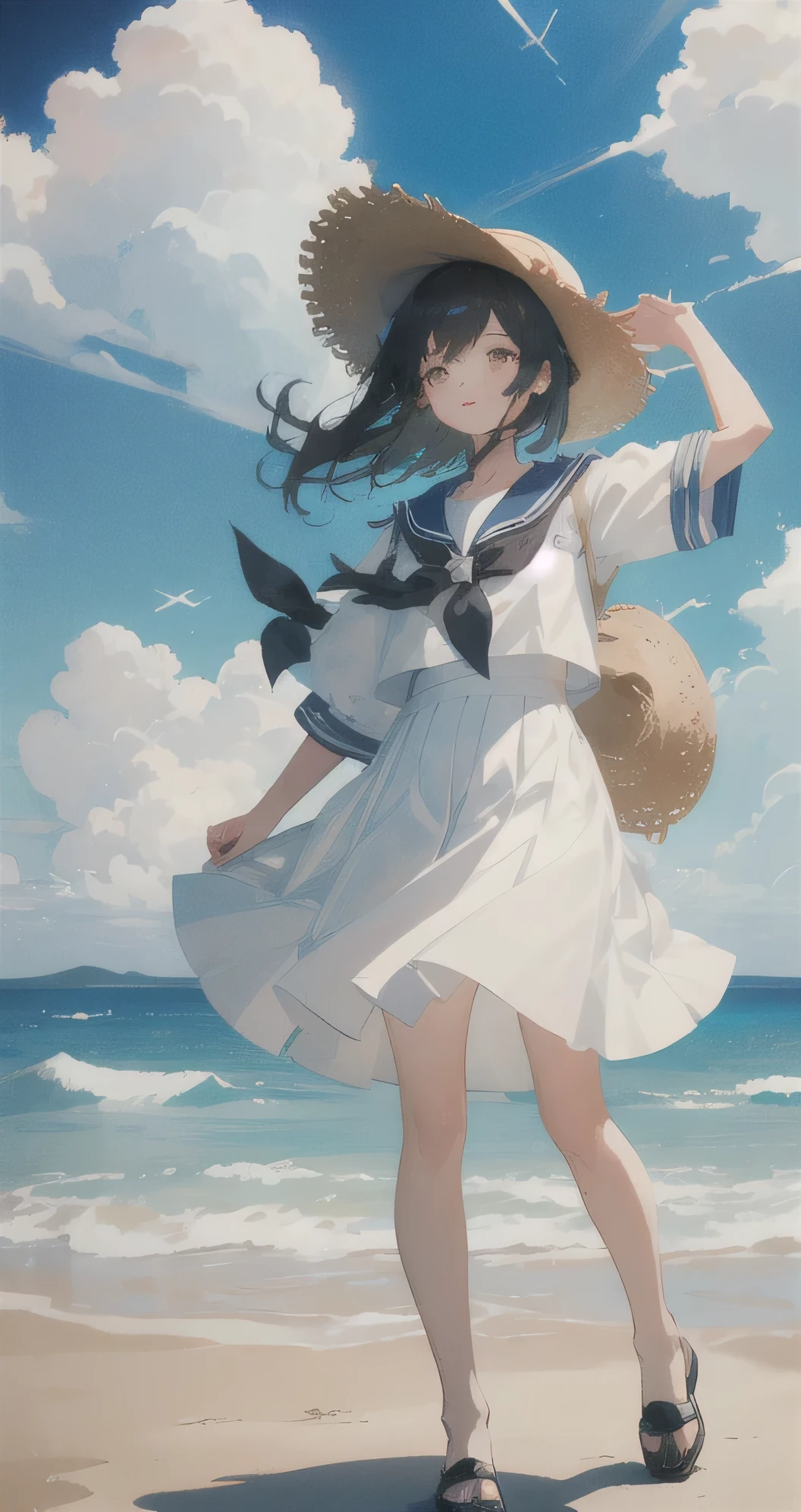 masterpiece, Highest quality, Movie stills, One girl, Floating in the sky, cloud girl, cloud, (close:1.1), bright, Happy, fun, Soft lighting, (Bauhaus, shape, line, Abstract:1.1)、Black Hair、Straw hat、Sailor suit、uniform、Wind