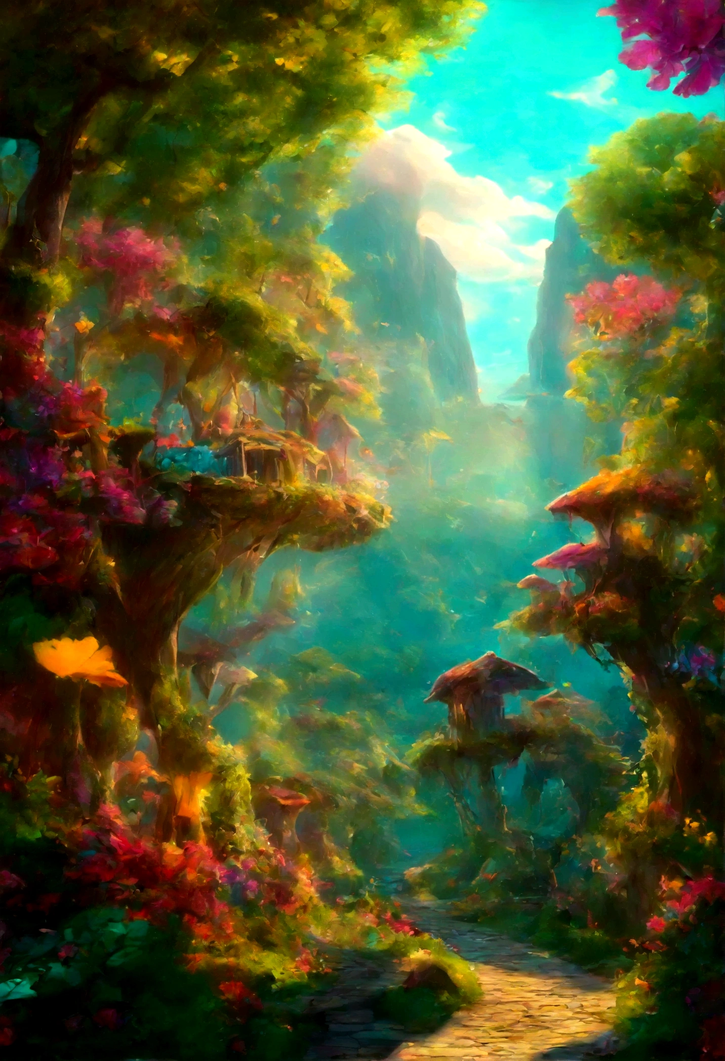 A breathtaking, high-contrast cinematic 8K 3D Disney-style rendering, a panoramic aerial view of a fairy-tale village nestled in a lush forest with dozen of dens, . The dens are build in the middle of ancient trees giving then fresh air and shadow. Around the dens, vegetable gardens and gardens full of multicolored flowers and paths lined with grass and multicolored flowers
