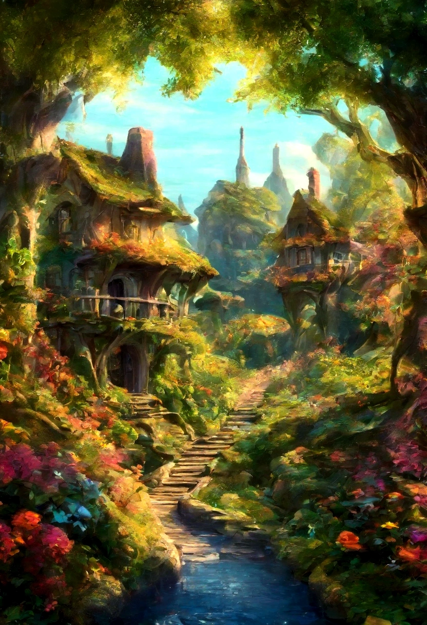 A breathtaking, high-contrast cinematic 8K 3D Disney-style rendering, a panoramic aerial view of a fairy-tale village nestled in a lush forest with dozen of dens, . The dens are build in the middle of ancient trees giving then fresh air and shadow. Around the dens, vegetable gardens and gardens full of multicolored flowers and paths lined with grass and multicolored flowers